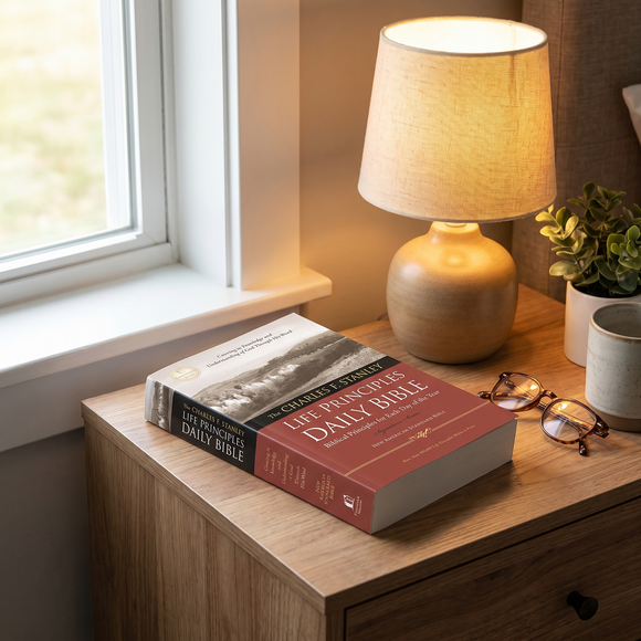 The Charles F. Stanley Life Principles Daily Bible in morning light