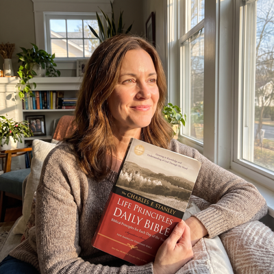 A reader with the Life Principles Daily Bible by a window