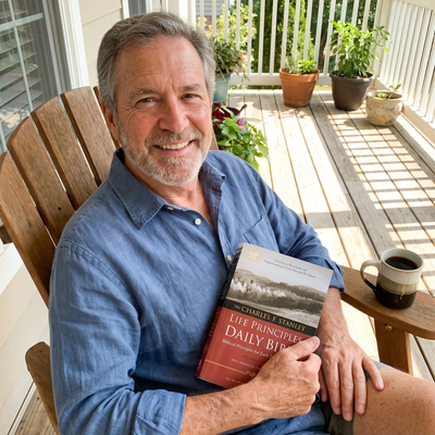 A reader with the Life Principles Daily Bible in warm light