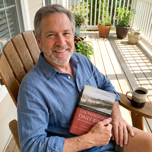 A reader with the Life Principles Daily Bible in warm light